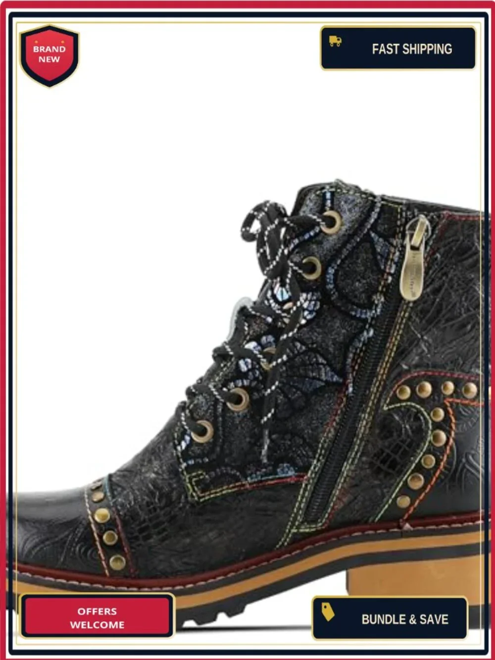 Women's Leather Lace-Up Ankle Booties with Faux Fur Lining, Low Heel, Side